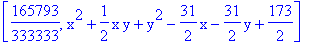 [165793/333333, x^2+1/2*x*y+y^2-31/2*x-31/2*y+173/2]